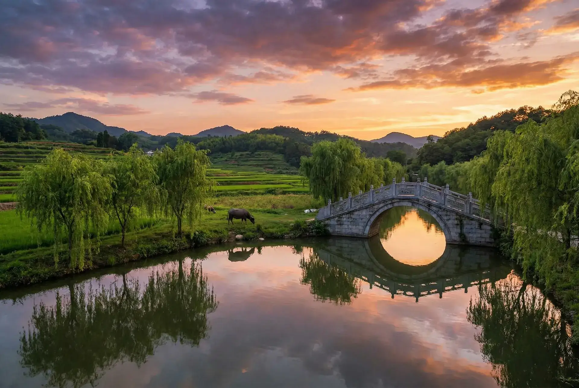 夕阳下的石拱桥与垂柳，水牛在河边吃草 - 91视频网站 乡村美景